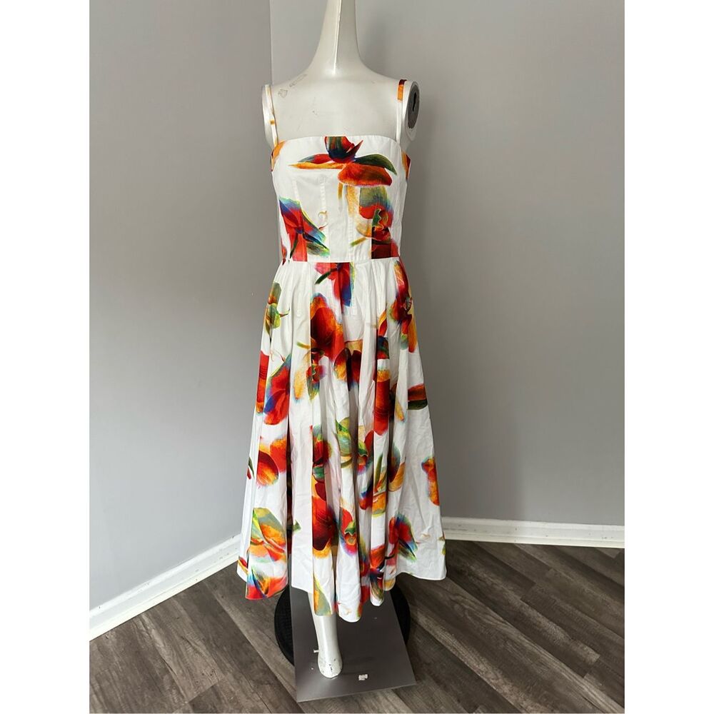 NWT Alexander McQueen Orchid Print A-Line Midi Dress Tropical White Red Size 2 $ - Picture 4 of 12